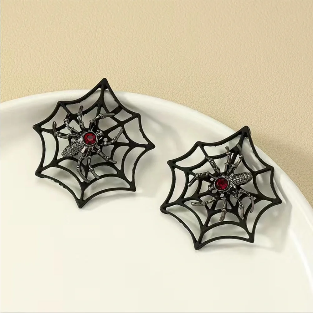 Gorgeous Retro Gothic Spider Web Stud Earrings with Ruby Color Decor Faux Fashio